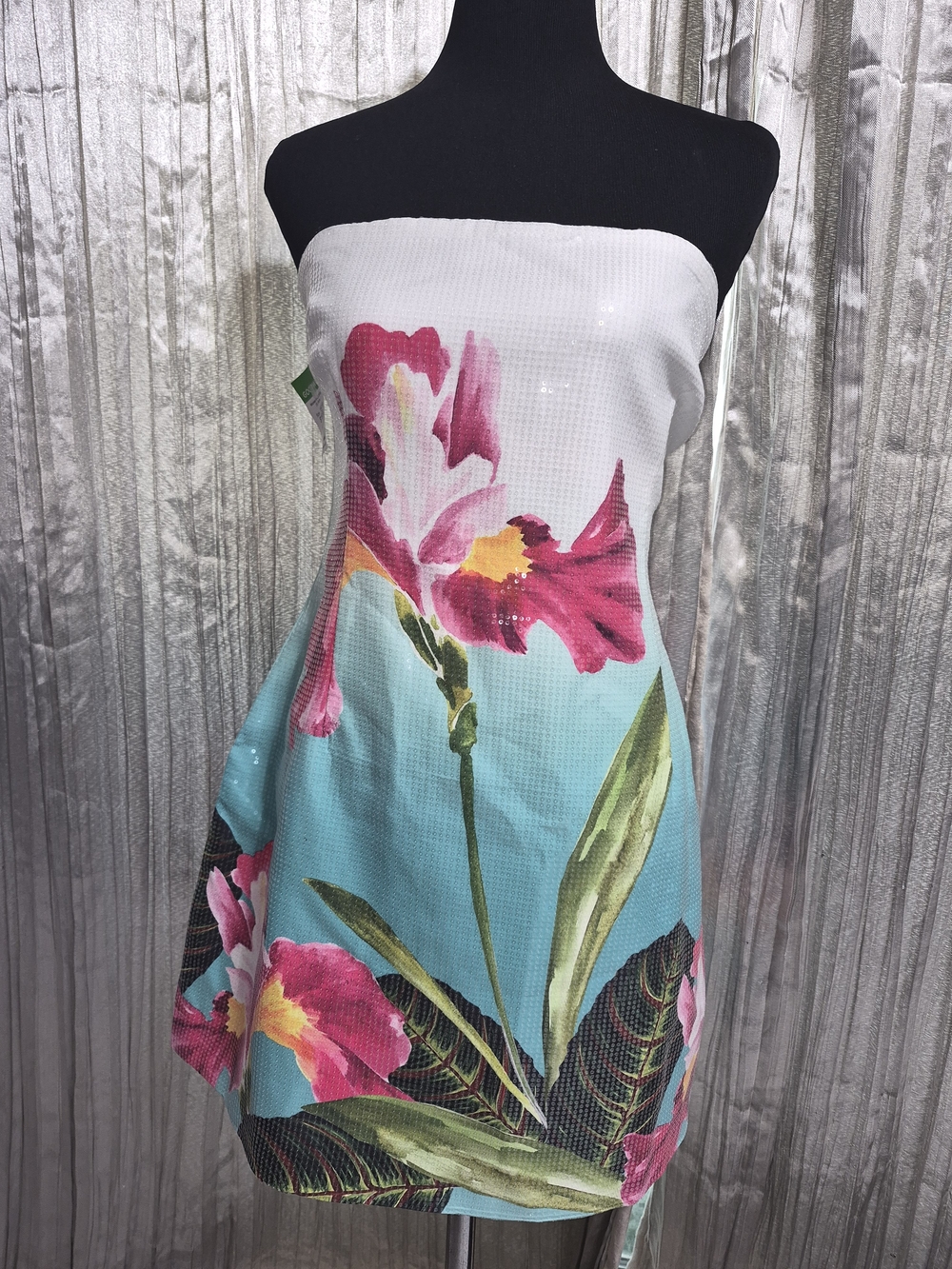 Floral Strapless Mini Dress in White & Aqua